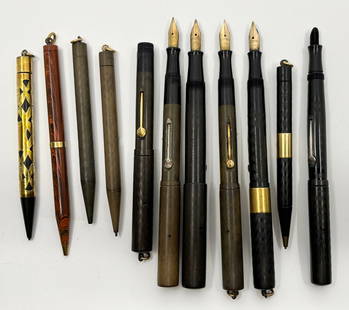 Waterman Ideal Vest Pocket Pens & Pencils Lot (9): Waterman ring top and vest pocket fountain pen and mechanical pencils in hard rubber. The lot consists of six fountain pens in smooth or chased black hard rubber and 5 pencils in chased black hard rub