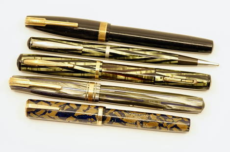 Waterman Marbled Celluloid Fountain Pen Lot (5): Waterman celluloid fountain pens and pencil (5). This lot consists of a Lady Patricia in Turquoise, 5113 model in grey marble with blue stripes, Emerald Ray Ink-Vue pen with gold filled trim, Emerald