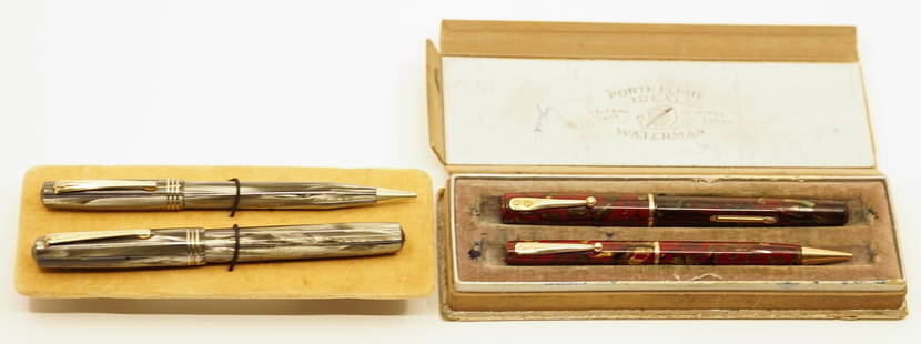 Waterman Ideal 5116 & 92 Fountain Pen Sets: Waterman celluloid boxed sets (2). The lot consists of a 5116 in grey pearl with blue stripe set with top from original box and 92 in burgundy/gold marble with black veins with box. Overall fair condi