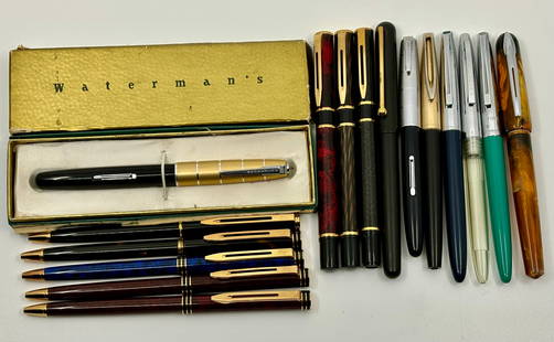 Waterman Fountain Pen & Ballpoint Lot (16): Waterman mid-century to modern lot (16), eleven fountain pens (4 with gold nibs) and five ballpoints. The lot consists of CF, Executive, Exclusive, Kultur, Laureat and others.