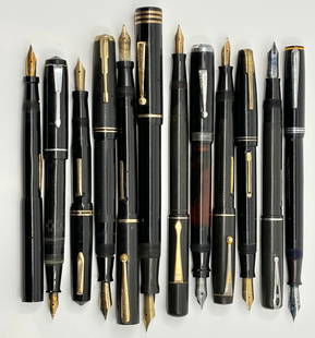 Black Vintage Fountain Pen Lot (12): 12 fountain pen in black celluloid or hard rubber. Brands include Blackbird, Carter, Esterbrook, Gold Bond, Sager, Sheaffer, Wahl Eversharp, Waterman and others. Overall mixed condition though general