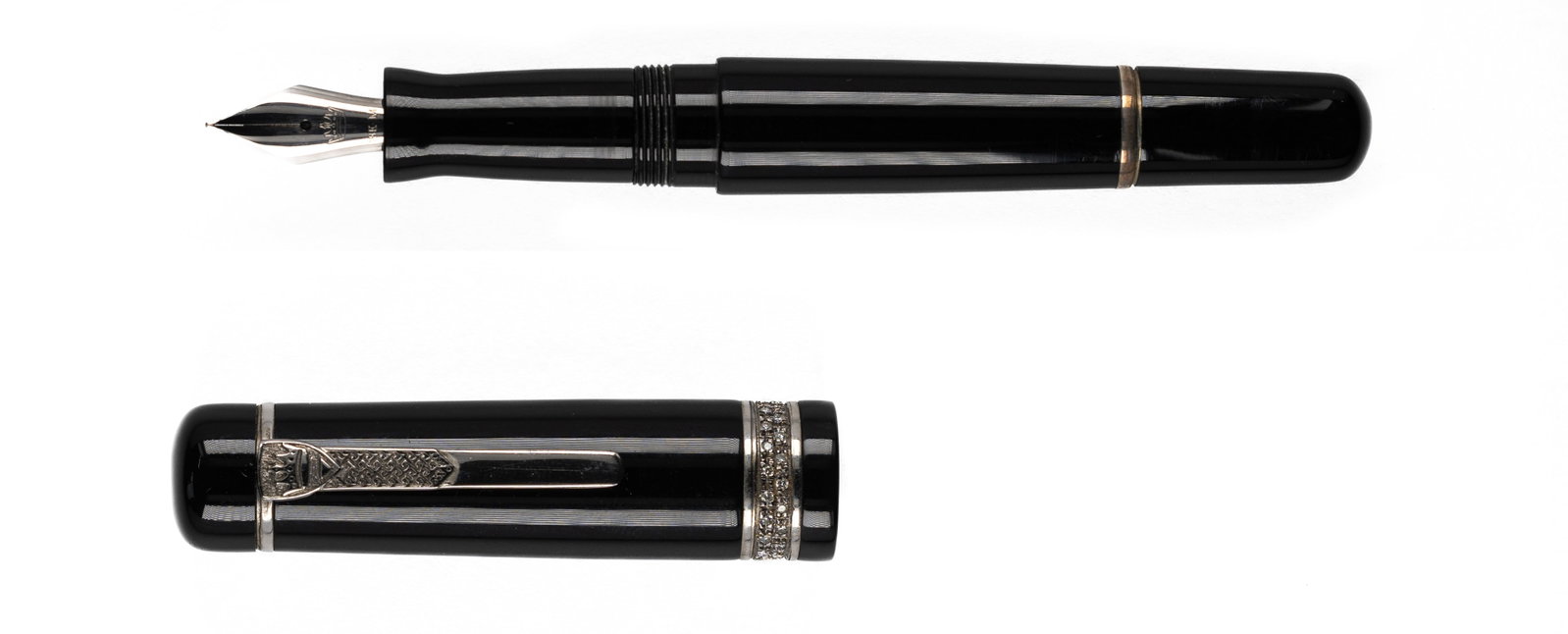 Krone Cristal Krystal Diamond on Black Fountain Pen: Krone Krystal/Crystal Diamond on Black fountain pen with box, papers and outer box. Box marked Krystal on one side and Crystal on the other, silver trim with clear diamond crystals on cap band with 18