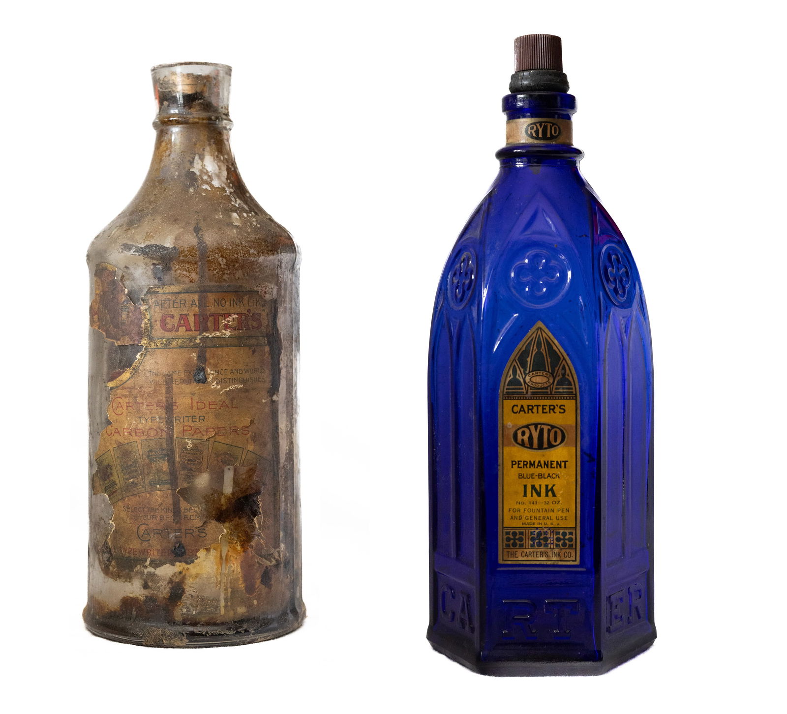 Carter’s Blue Glass Cathedral & Clear Large Ink Bottles (1 of 2)