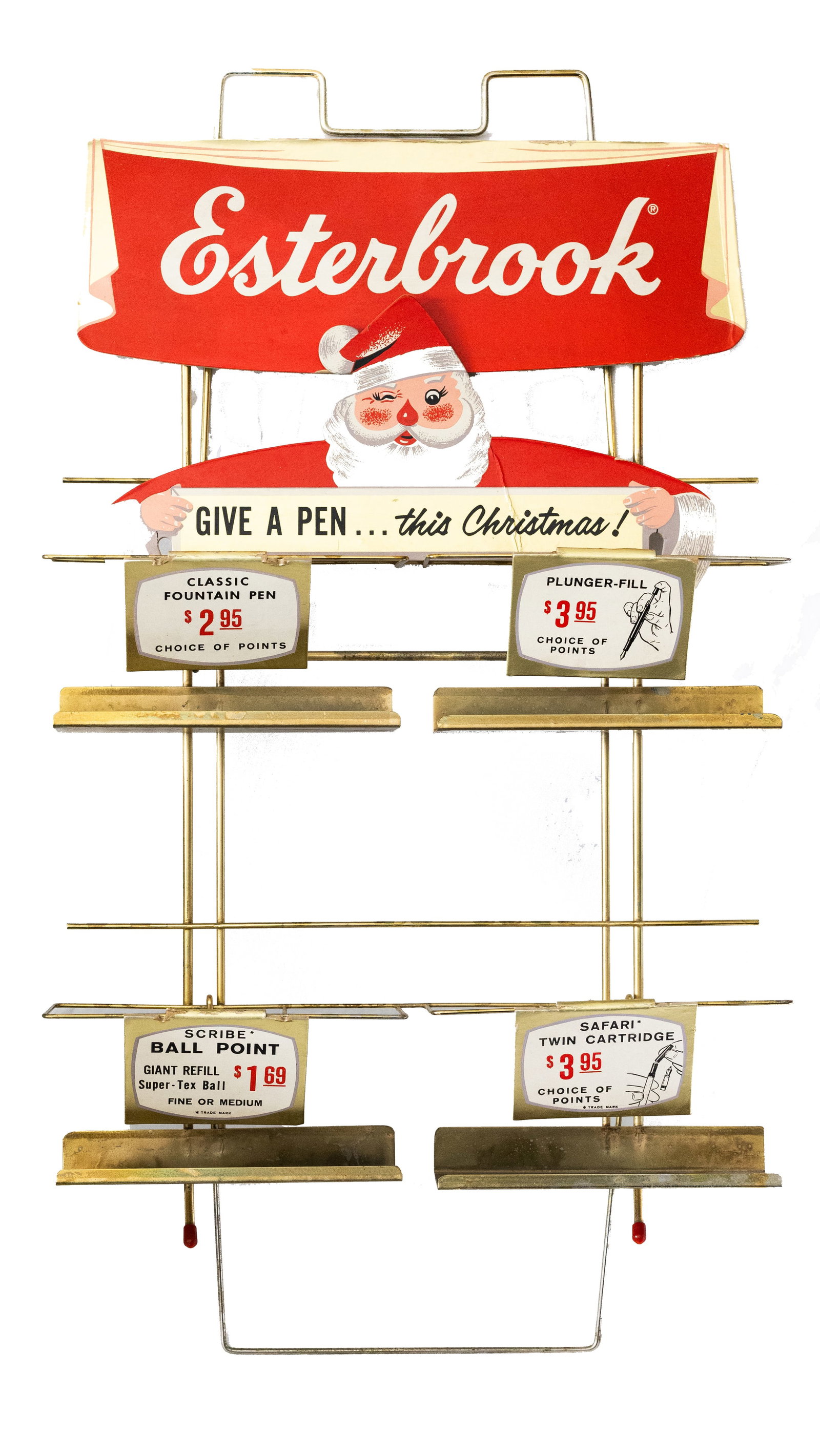 Esterbrook Christmas Santa Fountain Pen Metal Display Rack: Esterbrook Christmas Santa Claus fountain pen display rack. Point of purchase display rack with metal shelves for boxed sets. Length 20” by 13”. Overall excellent condition.