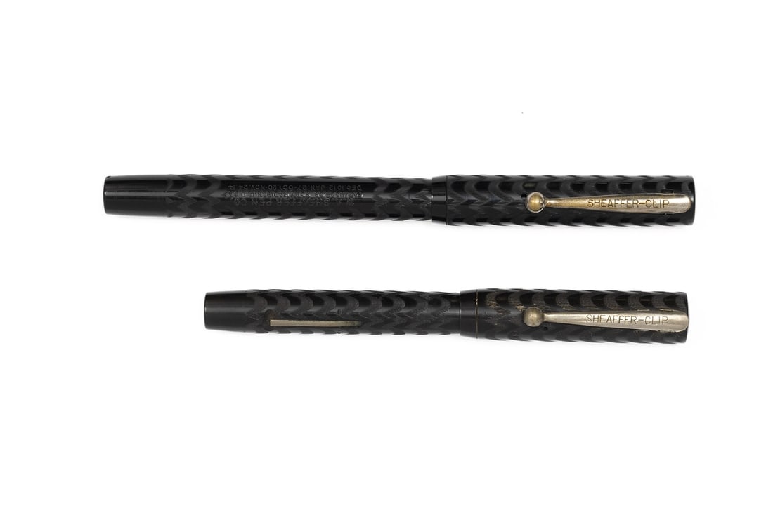 Sheaffer Black Chased Hard Rubber Early Fountain Pens: Sheaffer black chased hard rubber fountain pens. This lot includes an early 3A Sheaffer-Clip model in black chased hard rubber with Sheaffer 3 semi flexible 14K extra fine nib along with 2S Sheaffer-C