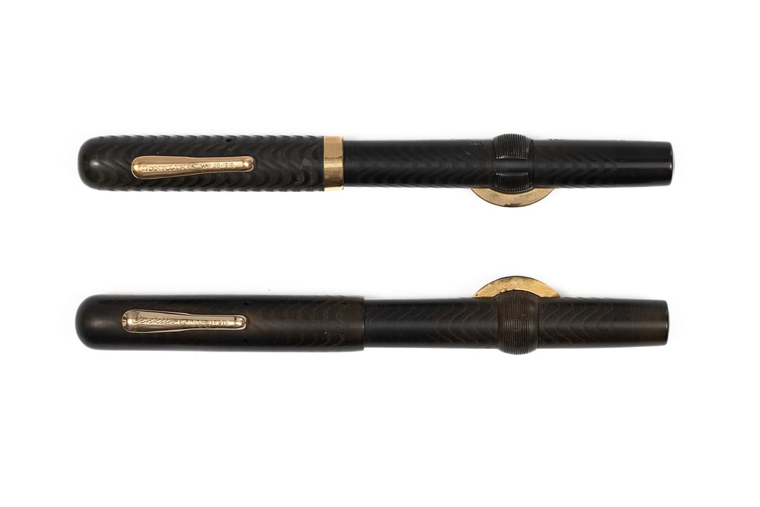 Conklin 4NL & 50 Model Crescent Filler Fountain Pens: Conklin 4NL & 50 model Crescent Filler fountain pens. Two Conklin Crescent Fillers, 4NL with gold filled cap band and Conklin 4 extra fine 14K flexible nib and 50 with chip to crescent ring and hairli