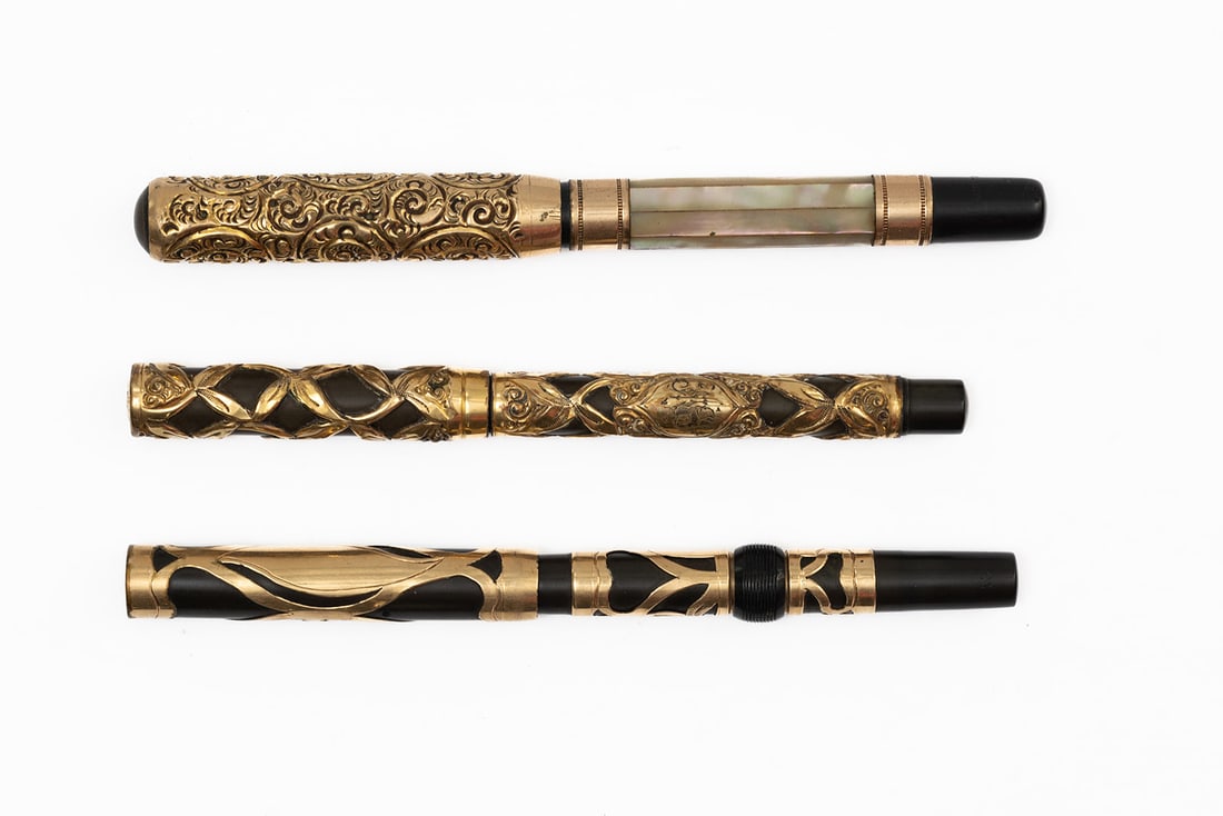 Gold Filigree Fountain Pens Missing Nibs, Conklin, Aikin (3) (1 of 2)