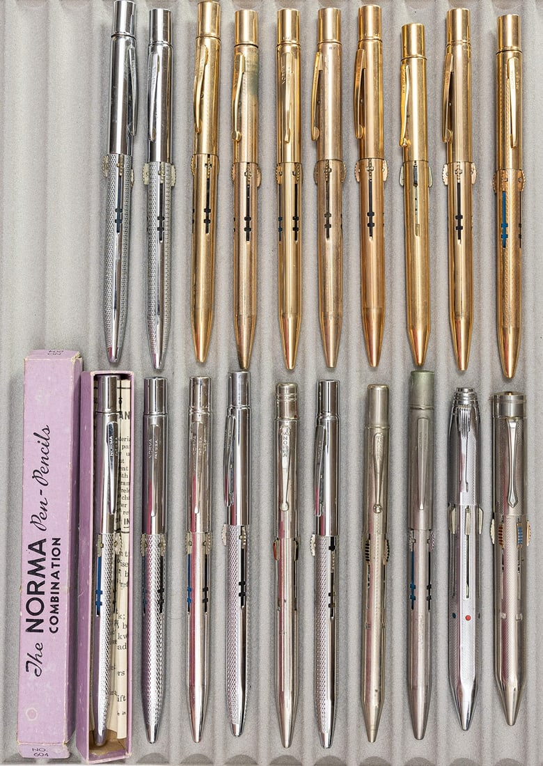 Norma Pen-Pencils Combination Lot Gold/Silver (20): Norma multicoloured pen and pencil combinations (20). Mix of pen and pencil combinations in gold filled, gold plate, silver plate and other, one in original box. Overall mixed condition.