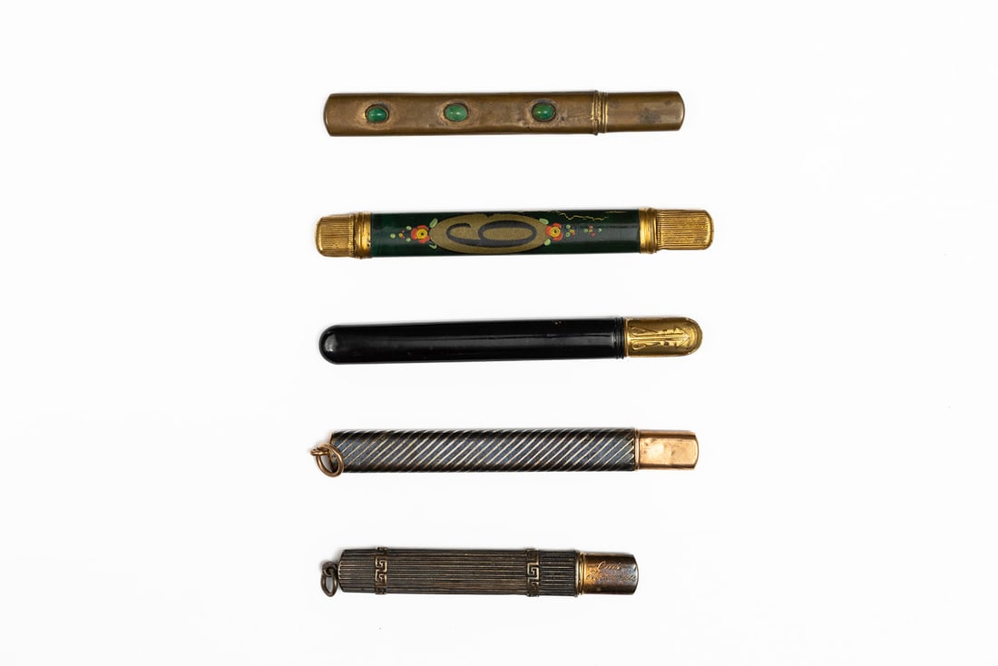 Enamel & Gold Sheath Edwardian Pencil Lot (5): Enamel and gold plate sheath pencils (5). Lot includes some enamel and metalwork pencils, one with stonework. Length 2 3/4”-3 3/8”. Overall good condition with some wear present.