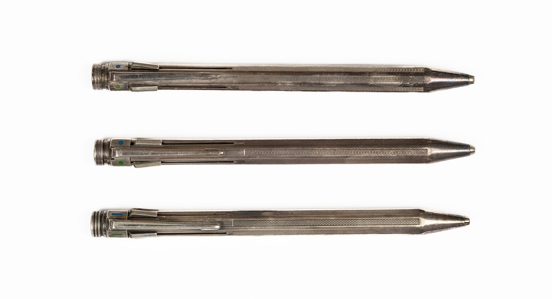 Caran d’Ache 46 & FIX-4 Silver Multi Ballpoints & Pencils (3): Caran d’Ache 46 ballpoints & FIX-4 pencil in silver. This lot consists of two 46 model four colour ballpoints, both marked 46 but from different years along with FIX-4 four colour pencil. These oper