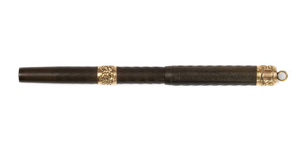 Waterman Ideal 12 1/2 Chatelain Fountain Pen, Flexible Nib: Waterman Ideal 12 1/2 Chatelain black chased hard rubber fountain pen with decorative gold filled bands. An early threaded cap eyedropper with ring top, the Chatelain model was made for a short period