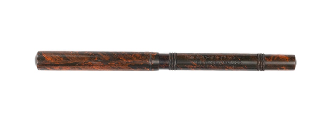 Williamson Janesville Autonomic Jointless Mottled Fountain Pen: Williamson “The Au-to-no-mic” fountain pen, Janesville WI. Williamson pens were made by George H Williamson, a former Parker employee. Parker applied for patents on a jointless design in early
