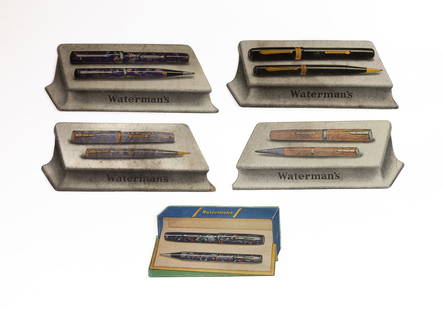 Waterman Fountain Pen Set Shop Display Signs (5): Waterman point of purchase boxed point of purchase display signs. Unusual cardboard signs depicting boxed sets, one black Patrician, two Lady Patricia set in Persian and Turquoise, 94 in blue/white an