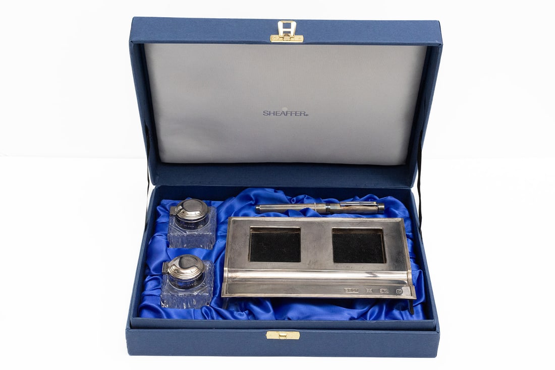Sheaffer Targa Sterling Silver Fountain Pen, Inkwells & Tray Desk Set (1 of 5)