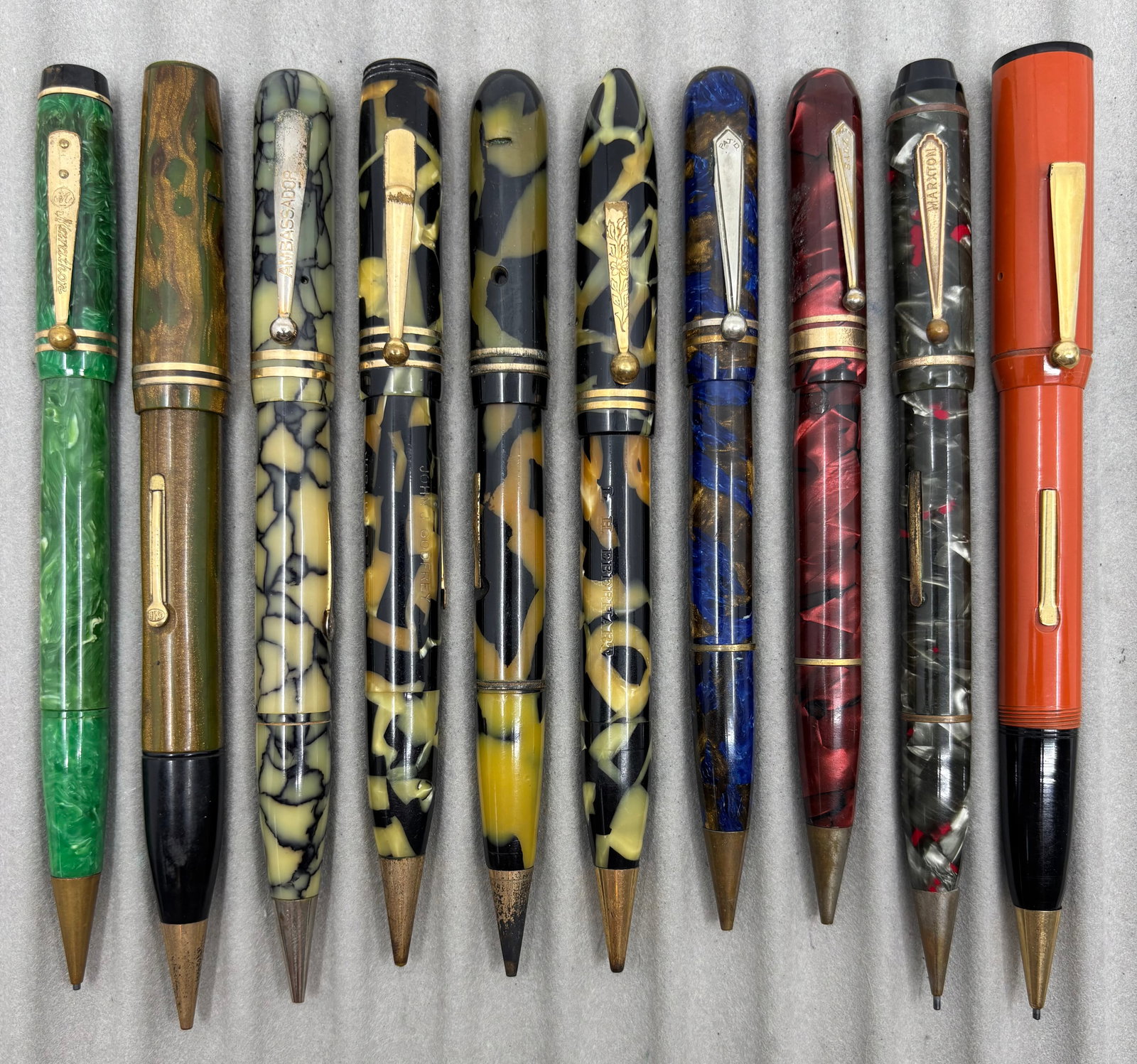 Assorted Celluloid Fountain Pen/Pencil Combos (10) Lot G, 14K Nibs: Assorted celluloid fountain pen/pencil combinations (10). Brands include Ambassador, Eclipse, Lipic, Marxton (Eclipse), Marathon, Salz and unmarked (4). All pens have 14K nibs, two nibs are damaged,