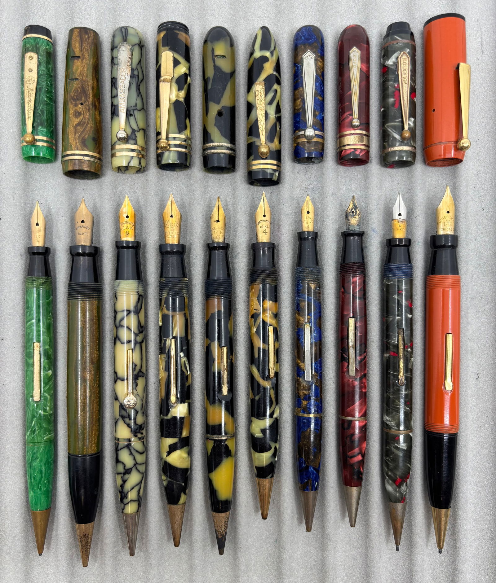 Assorted Celluloid Fountain Pen/Pencil Combos (10) Lot G, 14K Nibs - 2