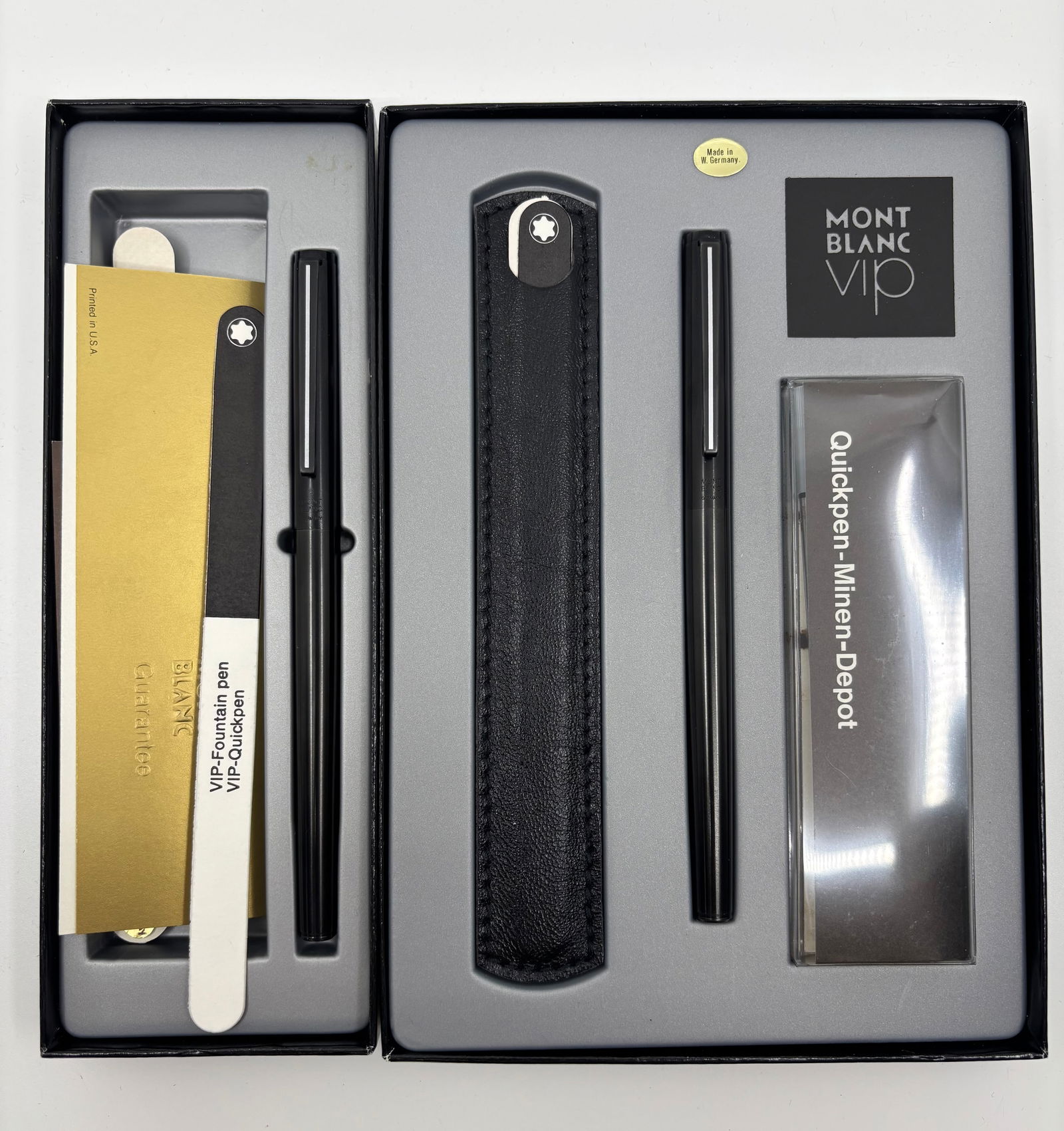 Montblanc VIP Matte Black Fountain Pen & Rollerball Set, Boxed: Montblanc VIP Black Matte fountain pen and rollerball set with boxes, papers and slip case, circa 1970's. VIP set in Black Matte with Montblanc emblem on butt end of barrels, fountain pen with marked