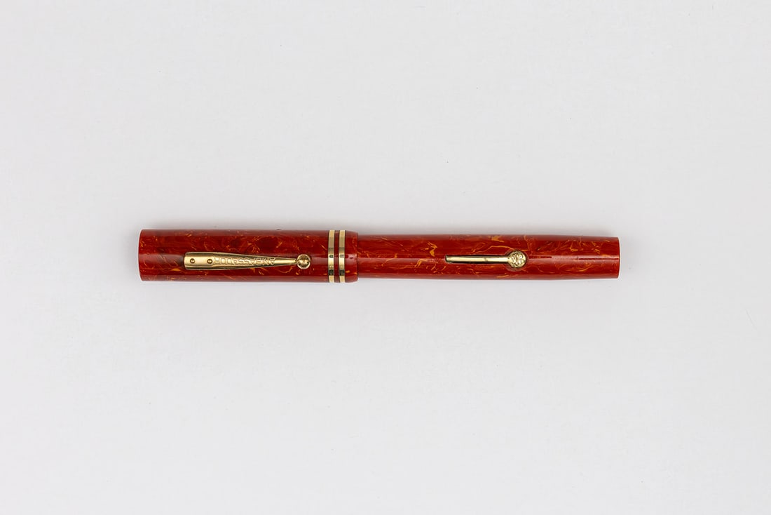 Ambassador Oversized Flattop Coral Red Marble Fountain Pen 14K Nib (1 of 3)