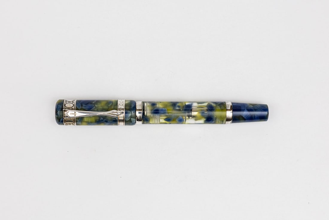 Ancora Toscana Yellow Marble Sterling Silver LE Fountain Pen, Boxed: Ancora Toscana or Tuscany yellow/blue marble fountain pen with box, outer box and warranty card. Ancora Toscana with sterling silver trim in yellow/blue marble, advertised as yellow model. Limited edi