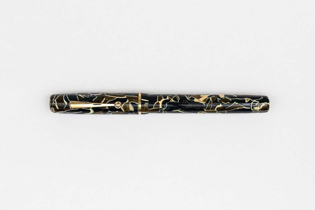 Moore Servo Green/Bronze Marble Cream Veins Fountain Pen: The Moore Pen Company Servo green, bronze and cream fountain pen. This celluloid was used by Parker on their Moderne line with dark green and bronze with cream veining with Servo 2 14K extra fine flex