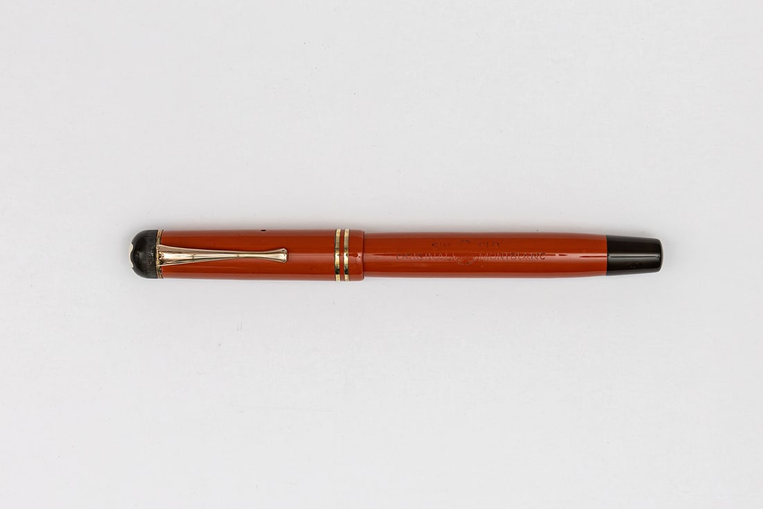 Montblanc 25 Coral Masterpiece Fountain Pen: Montblanc Masterpiece Simplo 25 model fountain pen in coral, circa 1930’s. Pen marked 4810 Montblanc Masterpiece on cap and Simplo Original Montblanc on barrel, piston knob marked 25 and EF with ext