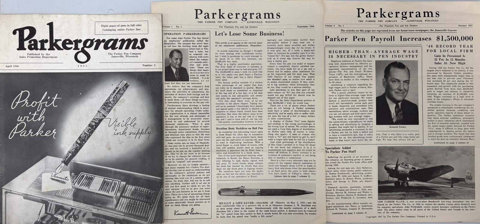 Parker Fountain Pen Parkergrams Magazine, Vacumatic Era (3): Parker fountain pen company Parkergrams magazines (3). Parkergrams was Parker’s magazine that went out to dealers and those within the company to let them know about the latest developments,