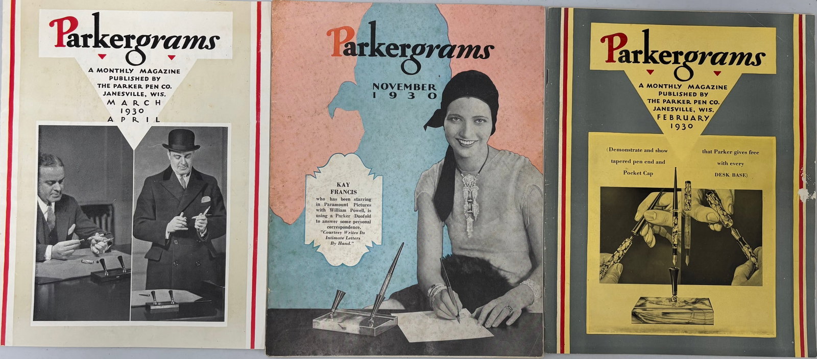 Parker Fountain Pen Parkergrams Magazine, Duofold Era (3): Parker fountain pen company Parkergrams magazines (3). Parkergrams was Parker’s magazine that went out to dealers and those within the company to let them know about the latest developments,