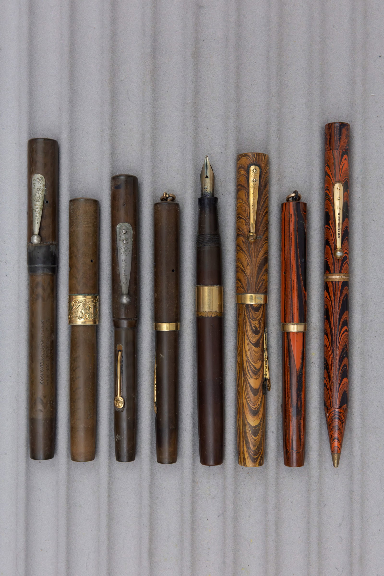 Waterman Black Hard Rubber, Red and Olive Ripple Fountain Pens (8) (1 of 2)