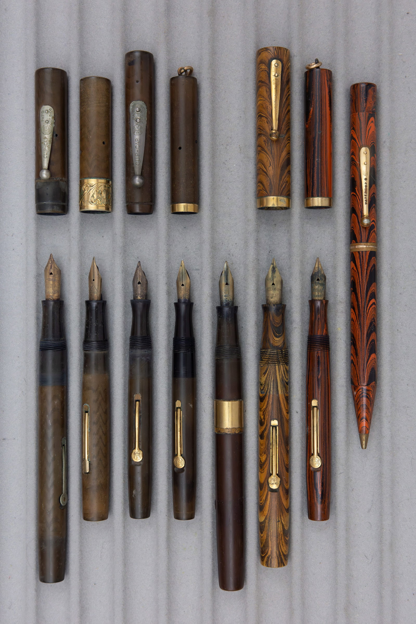 Waterman Black Hard Rubber, Red and Olive Ripple Fountain Pens (8) - 2
