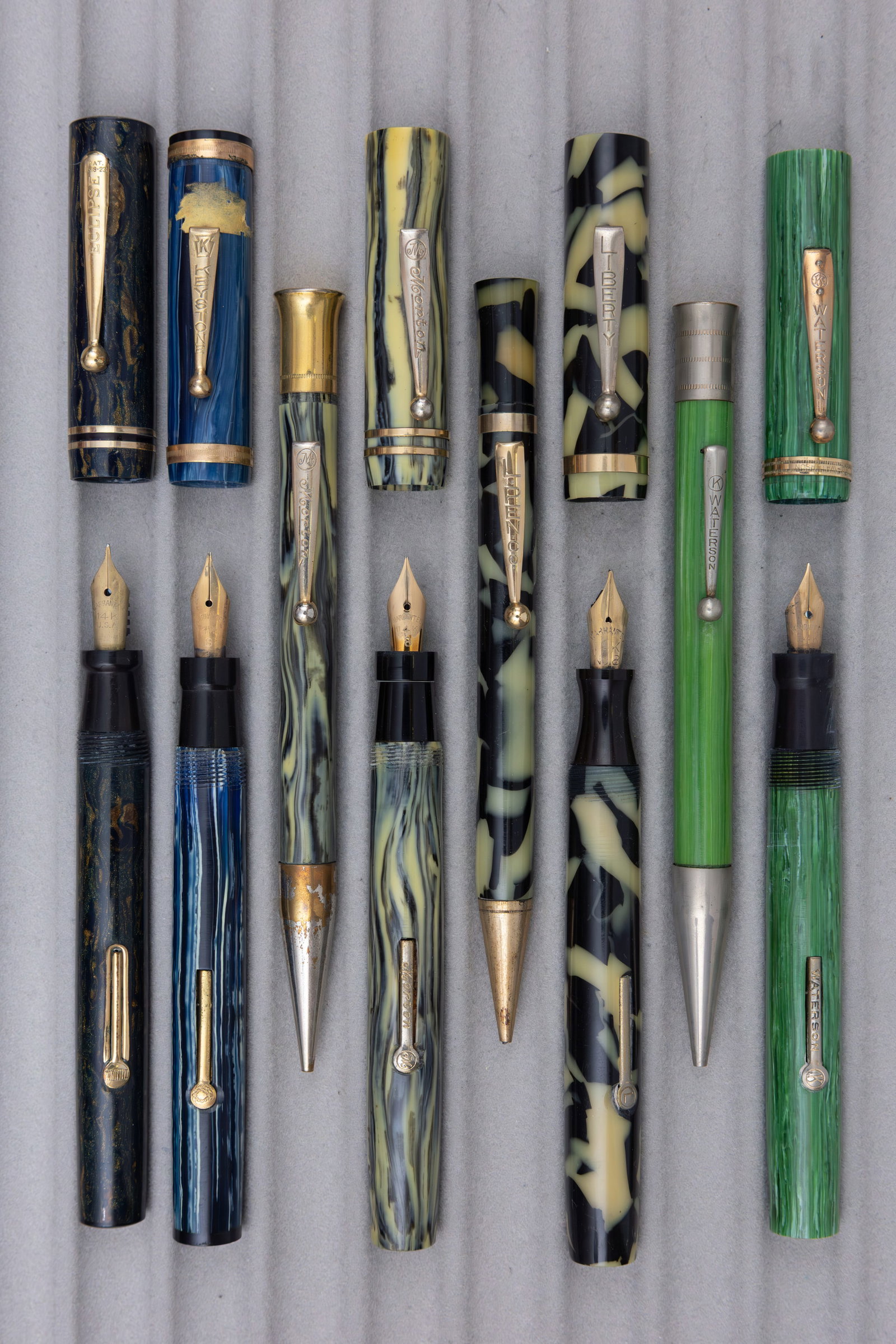 Assorted Boxed Fountain Pens and Pencils (8), 14K Gold Nibs: Assorted fountain pen sets and pen, boxed. Five boxed pieces, three are sets, all pens with solid 14K gold nibs. They include Eclipse (crack to cap), Keystone and sets by Liberty, Morton and