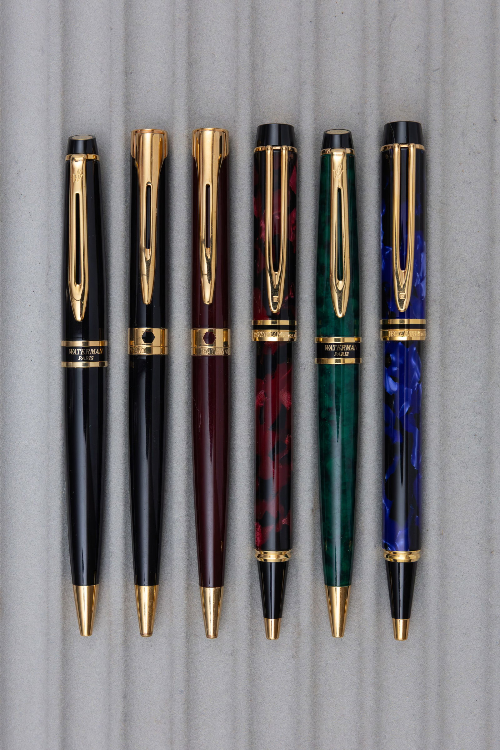 Waterman Etalon, Expert and Rhapsody Ballpoint Pens (6): Waterman ballpoint pens (6). This lot consists of Waterman Etalon, Expert and Rhapsody ballpoint pens, two of each model in different colours. Overall good to excellent condition, refills dry and