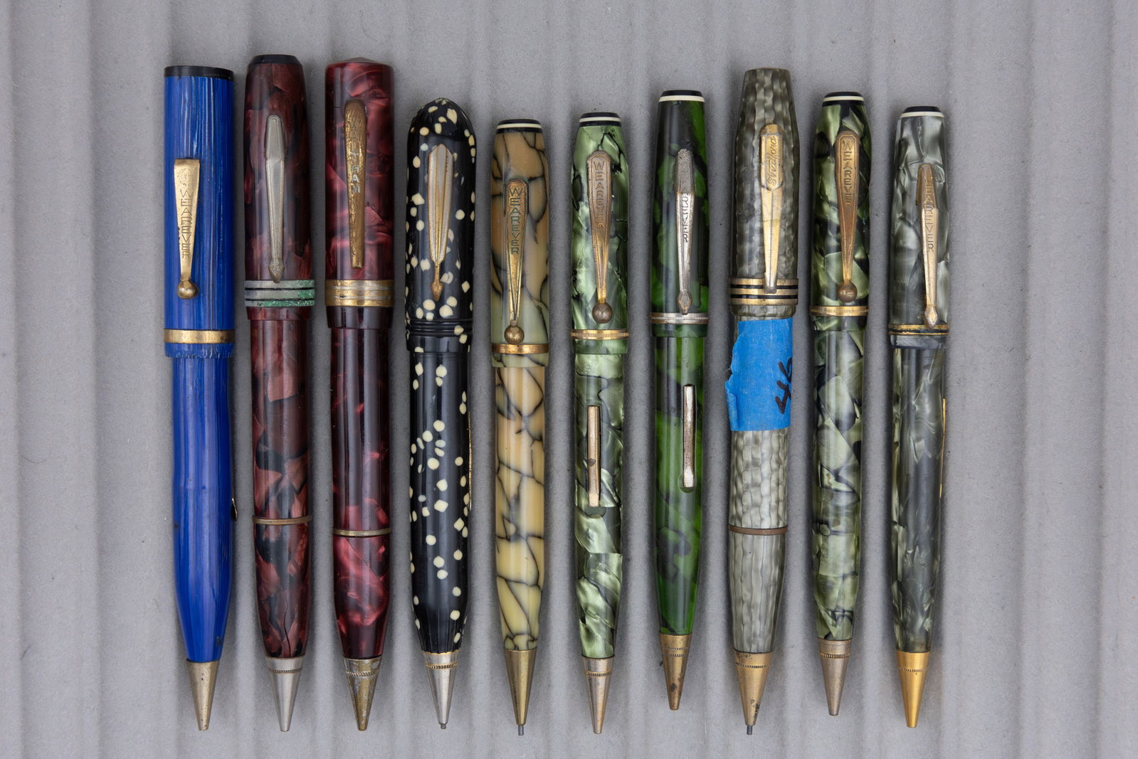 Assorted Marbleized Fountain Pen Pencil Combinations (10), Lot A: Assorted celluloid fountain pen/pencil combos (10). This lot consists of brands from M to Z alphabetically, brands such as New Banker, Remington, Waltham, Wearever and others can be found in these
