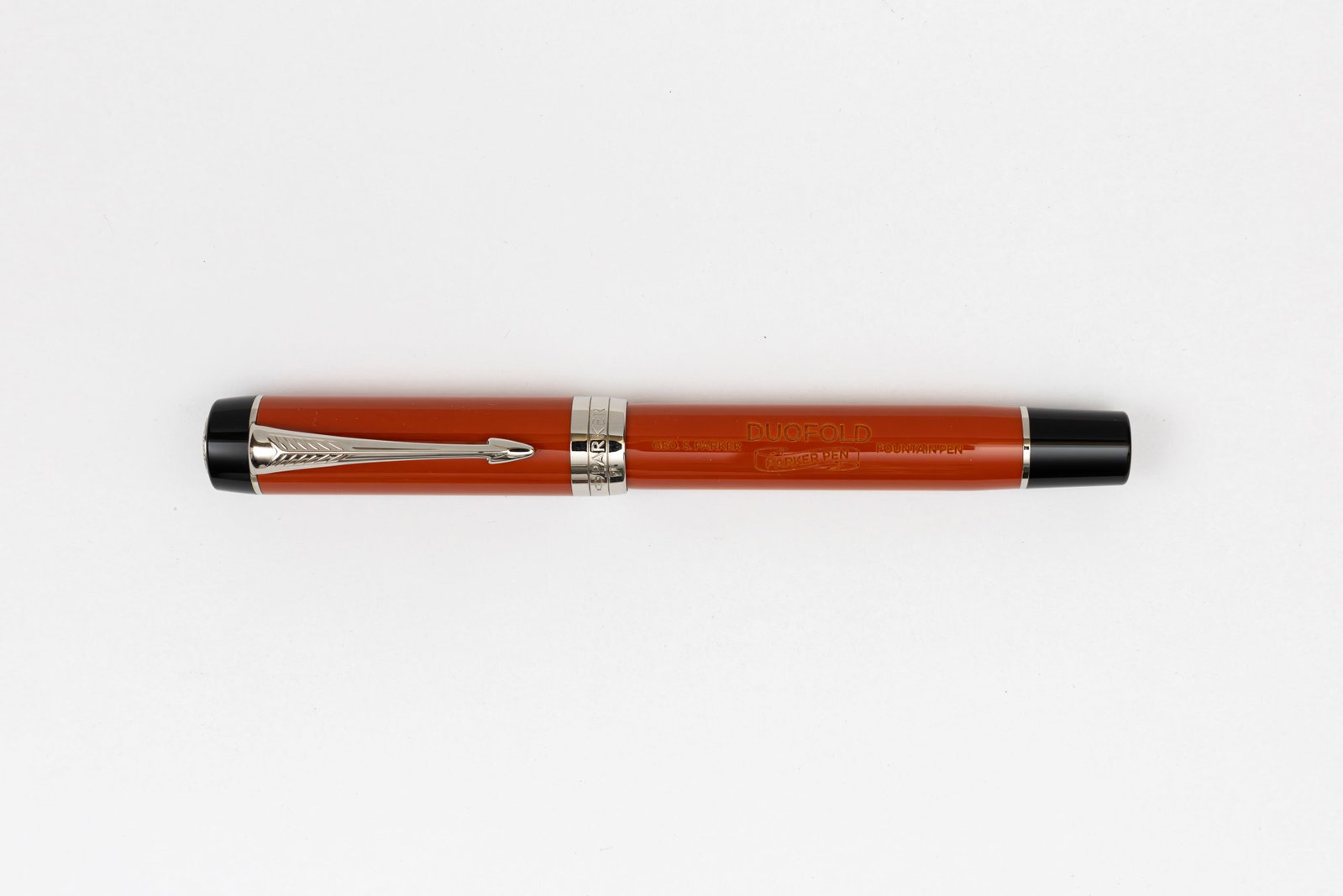 Parker Duofold Centennial Big Red Fountain Pen, Boxed: Parker Duofold Big Red Vintage chrome trim fountain pen with box, outer box and papers, circa 2020’s. Centennial model Big Red with chrome trim and large imprint like the early hard rubber Duofold p