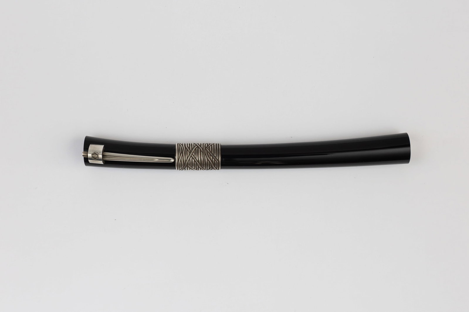 Waterman Serenite Black Lacquer Fountain Pen, Boxed: Waterman Serenite black lacquer fountain pen with box, outer box, outer sleeve and papers. Serenite with unusual curved barrel design to fit the hand and small cut out for clip when cap is posted, bla