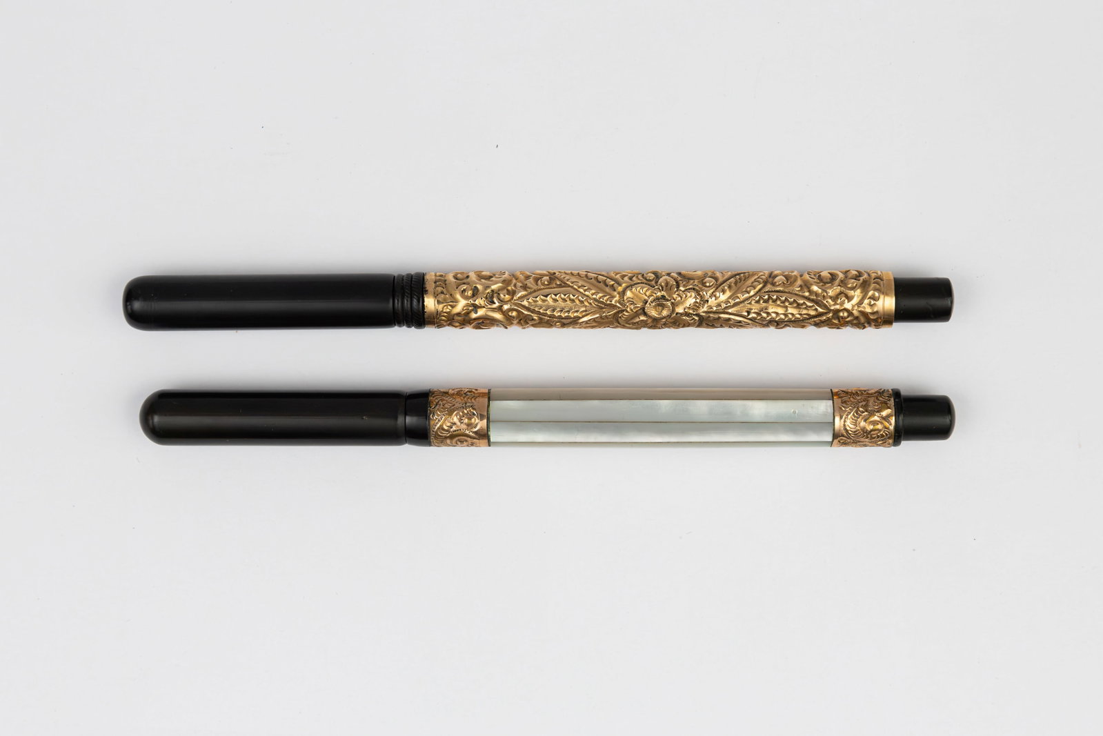 Aikin Lambert, Other Gold Filled, Mother of Pearl Fountain Pens: Aikin Lambert and other overlay fountain pens. Aikin Lambert gold filled overlay floral and snail pattern with Aikin Lambert 14K nib, damaged to edge of overlay near top of barrel and crack to nib alo