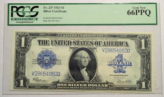 1923 $1 Silver Certificate Lg Note PCGS GN 66 PPQ: 1923 $1 Silver Certificate Large Note PCGS Gem New 66 Premium Paper Quality, Speelman/White, Serial #V28654950D, Fr. #237, Plate #F7387/4911