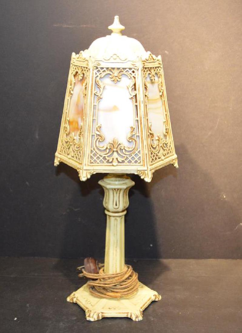 Vintage 6 Panel Slag Glass Bedside Table Lamp (1 of 5)