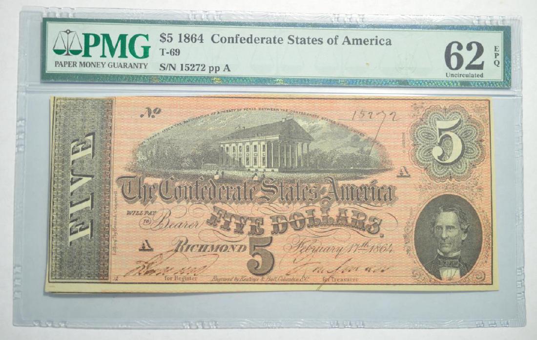 1864 $5 T-69 CSA Note Richmond, VA PMG UNC 62 EPQ (1 of 4)
