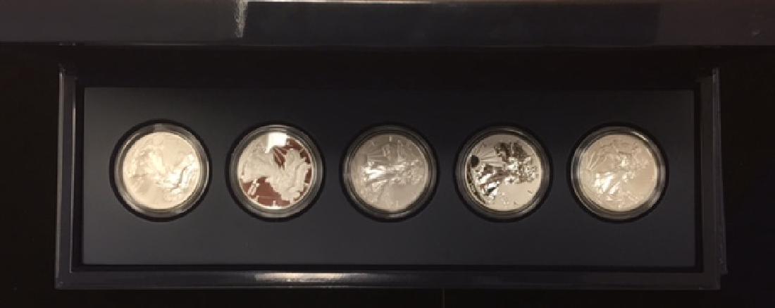 2011 25th Anniversary Silver Eagle 5 Coin Set: 2011 25th Anniversary Silver Eagle 5 Coin Set. The 25th anniversary Silver Eagle Set contains one each of the five different Silver Eagles struck in 2011 they include: "W" mintmark burnished, "W" mint
