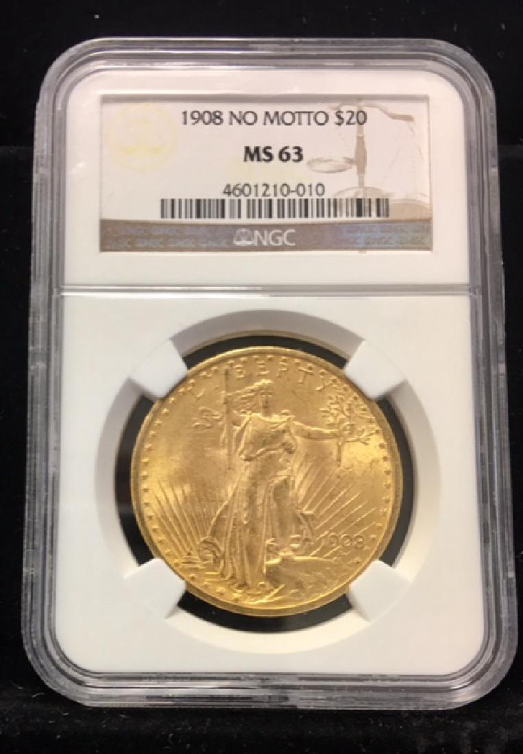 1908 No Motto $20.00 Gold Saint Gaudens NGC MS63: 1908 No Motto $20.00 Gold Saint Gaudens NGC MS63