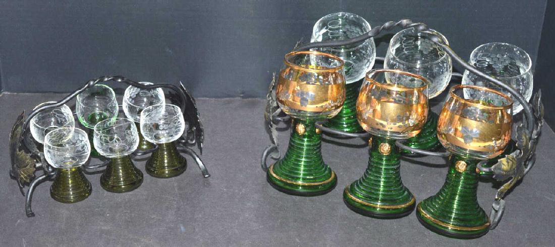 Vintage W. German 6 Wine & 6 Shot Stemmed Glasses: Vintage 6 Wine & 6 Shot Green Stemmed Glasses Made in West Germany. Comes with Holders. Wine Glasses are 5" H and Shot Glasses are 2 1/2" H with 1 being 2 3/4" H.