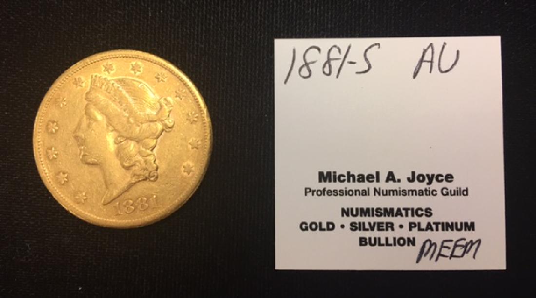 1881-S $20 Double Eagle Liberty Gold AU: 1881-S $20 Double Eagle Liberty Gold AU