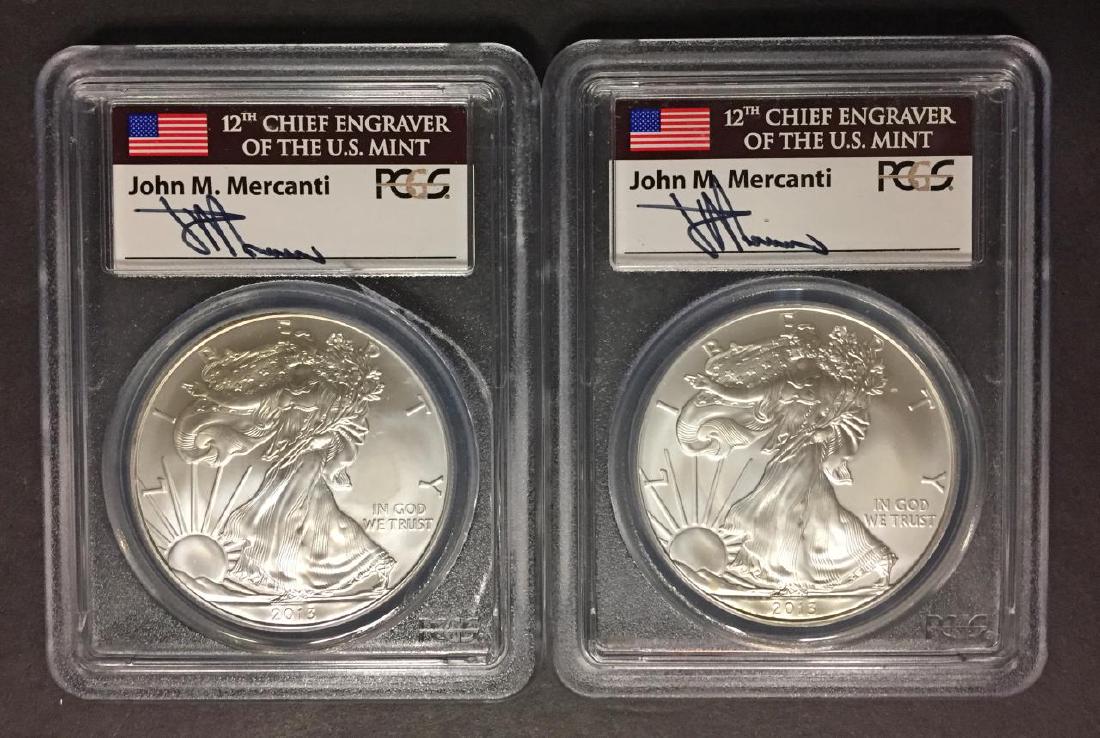 Pair 2013 Silver Eagles MERCANTI Signed PCGS MS70 (1 of 6)