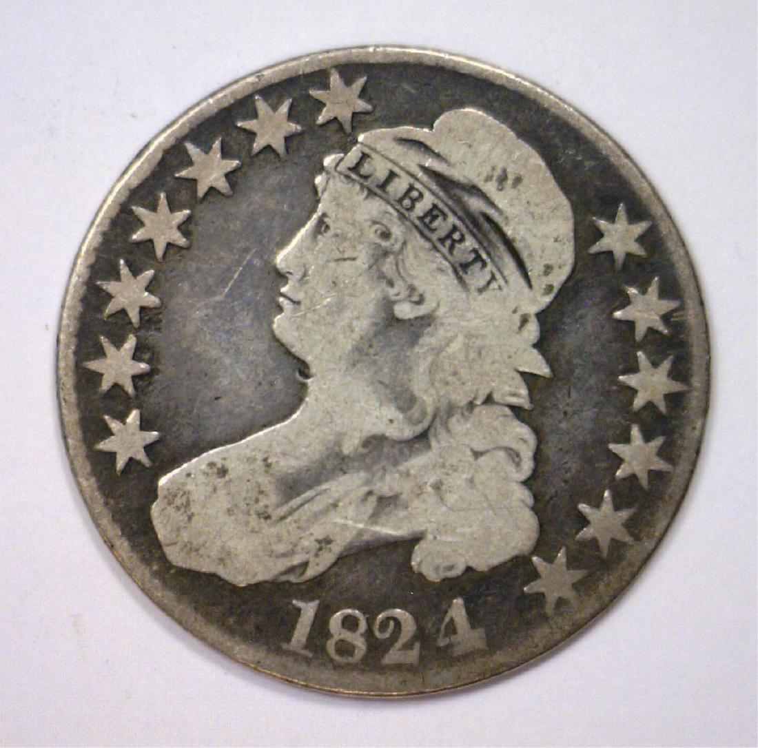 1824 Capped Bust Silver Half 4 over 4 Variety Fine (1 of 3)