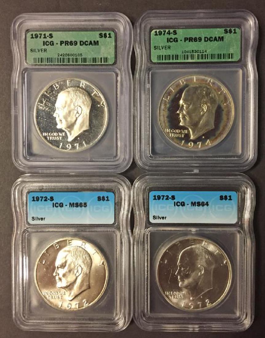 Lot of 4 Silver IKE Eisenhower $1 ICG MS & Proof (1 of 2)