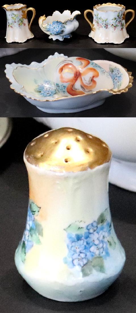 5 Pieces of Antique China: Haviland & M.Z. Austria: 5 Pieces of Antique Scalloped Gold Gilt China: Haviland Creamer Pitcher (3 1/2") , Haviland Double Handled Sugar Bowl (3") & M.Z. (Moritz Zdekauer) Austria Footed Candy/Nut Dish ( 2 1/2"), M.Z. Salt S