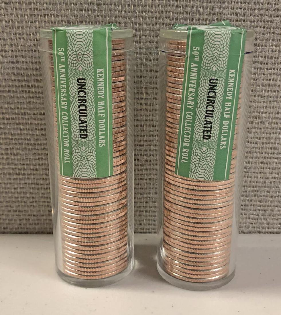 2013 & 2014 Uncirculated Kennedy Half Roll Pair: 2013 & 2014 Uncirculated Kennedy Half Roll Pair. Each super-size roll contains 50 Kennedy Halves. One roll is dated 2013, the other is dated 2014. Since 2001, Kennedy half stopped circulating, and the
