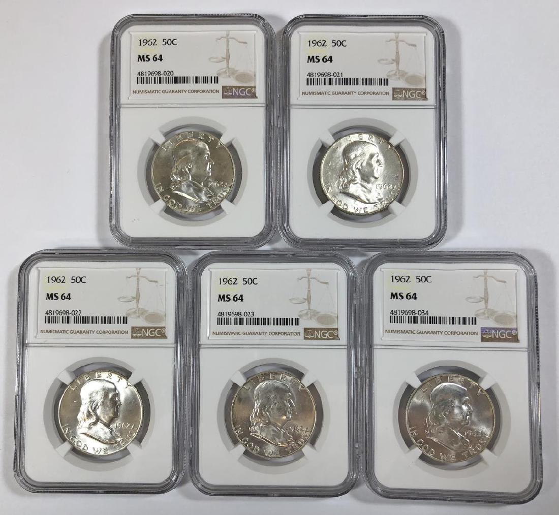 Investor Lot of 5 1962 Franklin Halves NGC MS64 (1 of 2)