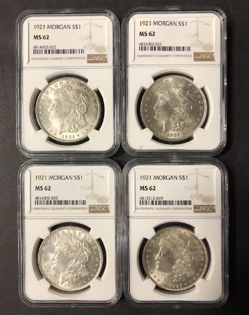Lot of 4 1921 Silver Morgan Dollars NGC MS62 (1 of 2)
