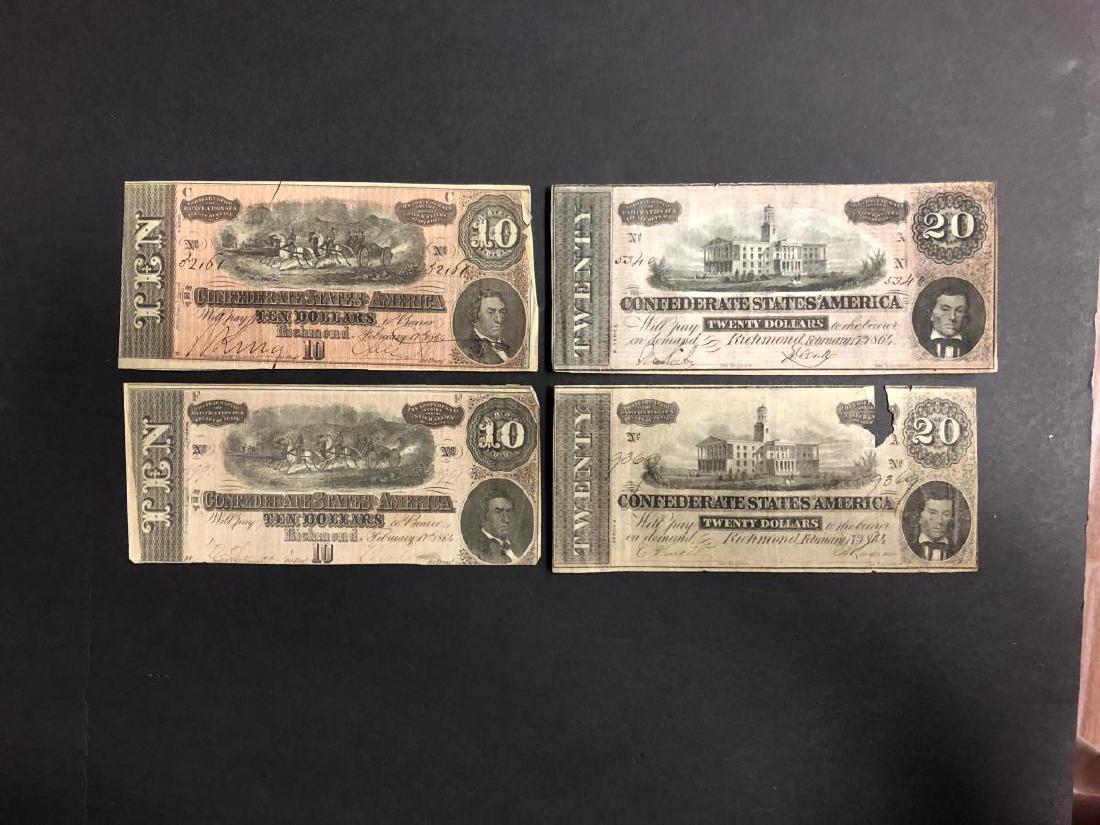 Lot of 4 Confederate 1864 $10 & $20 Notes (1 of 10)